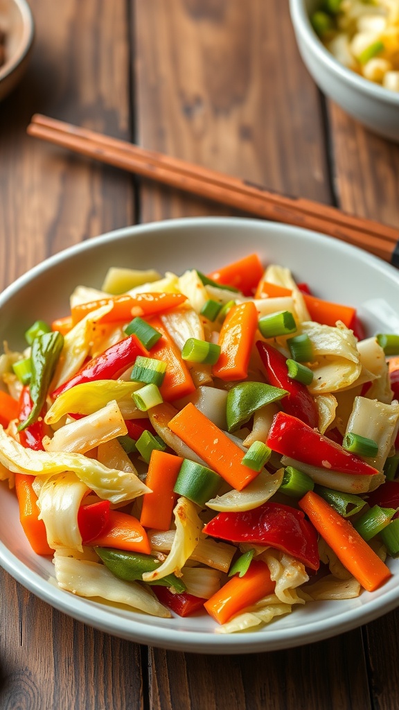 Simple and Delicious Cabbage Stir-Fry Recipe Cabbage stir-fry with carrots and bell peppers, garnished with green onions on a wooden table.